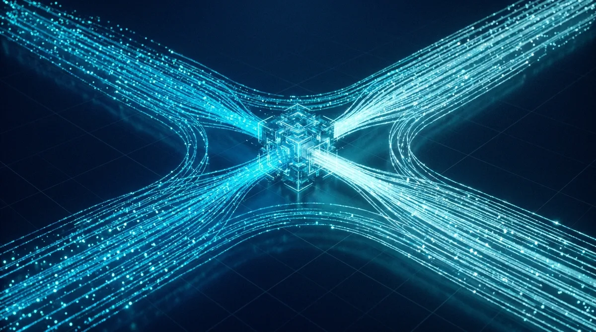 Data Flow | CAQA Systems A glowing cube represents data flow and integration within an education technology platform.