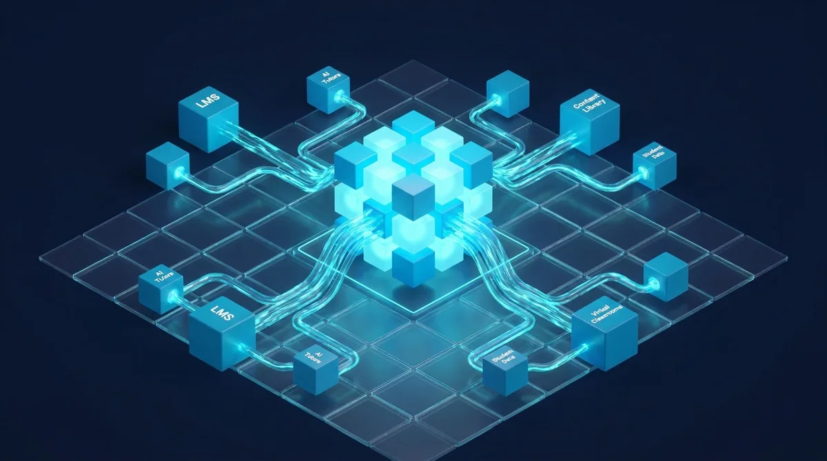 LMS Integration Network | CAQA Systems A glowing blue network illustrates data and system integration for education technology solutions.