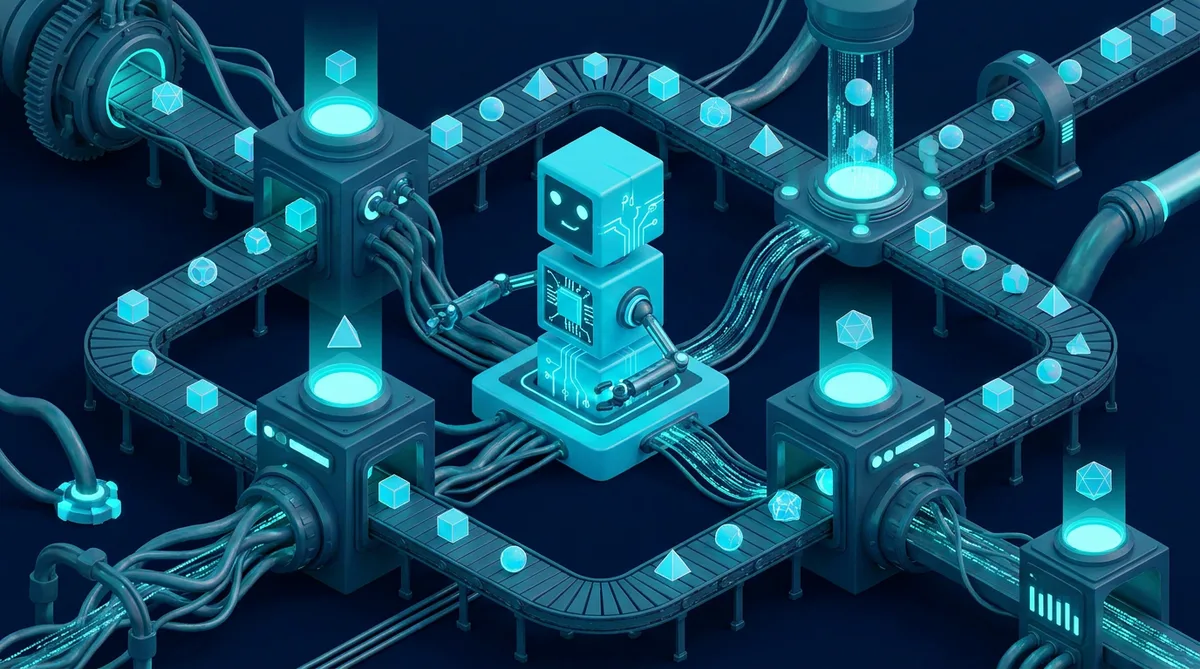 Robotic Workflow Engine | CAQA Systems A glowing blue robotic structure connects with a complex network of circuitry, demonstrating CAQA Systems' automated.