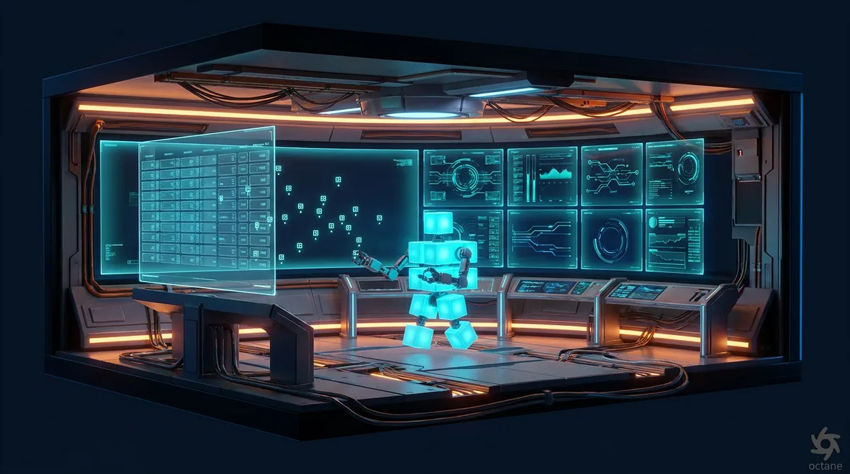 Compliance Evidence Diorama - control room of holographic compliance dashboards with a modular bot organising evidence